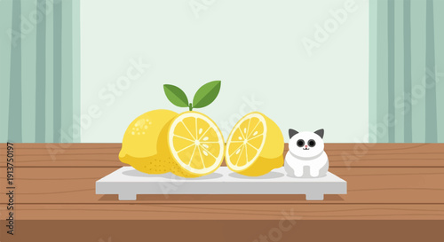 Whimsical still life with lemons and a cute white cat figure