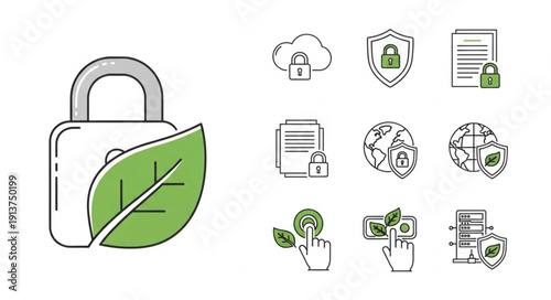 Green technology and data security icons set.