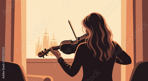 Woman playing violin with candles lit in warm, cozy room with vertical blinds