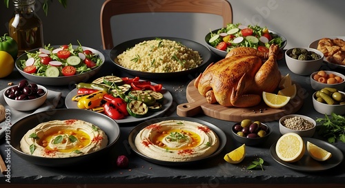 Wallpaper Mural Assortment of healthy Mediterranean dishes on dark table with fresh ingredients Torontodigital.ca