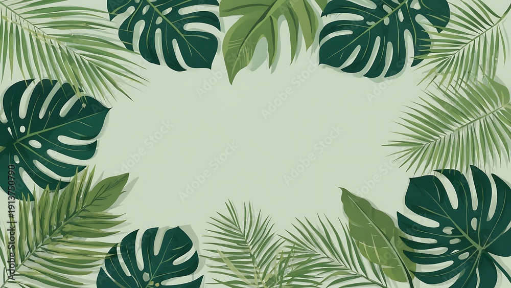 Naklejka premium Tropical foliage in varying shades of green, digital illustration with flat design and copy space