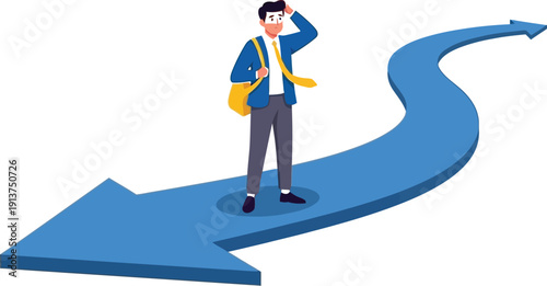 Young professional standing on winding blue arrow path