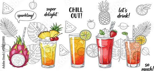 Tropical Summer Cocktail and Smoothie Vector Illustration Set with Dragon Fruit, Pineapple, Strawberry, and Watermelon for Bar Menus and Party Invitations