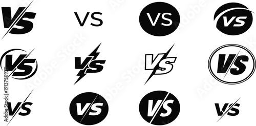 Versus VS Logo Icon Set for Competition Battle Comparison and Sports Match Designs with Modern Typography and Dynamic Lightning Styles