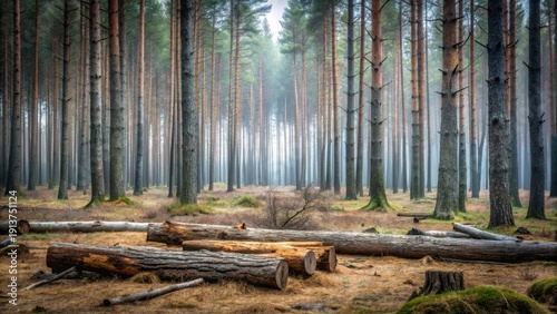 Misty Pine Forest with Fallen Logs A Serene Woodland Scene of Tall Trees and Timber