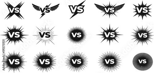 VS Versus Burst Badge Icon Set with Starburst Explosion and Winged Battle Symbols for Gaming Competition Sports Match and Comparison Designs