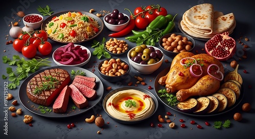 Wallpaper Mural Traditional healthy Mediterranean diet food spread with fresh ingredients and vibrant colors Torontodigital.ca