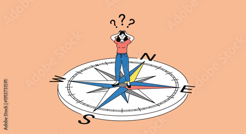 Confused young woman standing on large compass