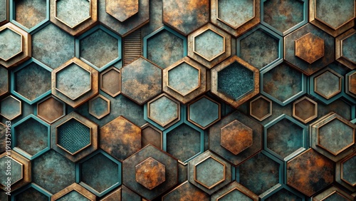 Abstract Metallic Hexagon Pattern  A sophisticated design featuring layered textured hexagons in bronze and teal hues.