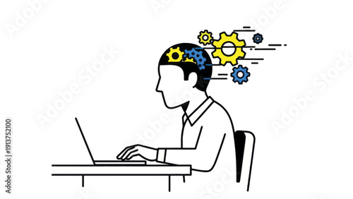 Man Working on Laptop with Thinking Gears.