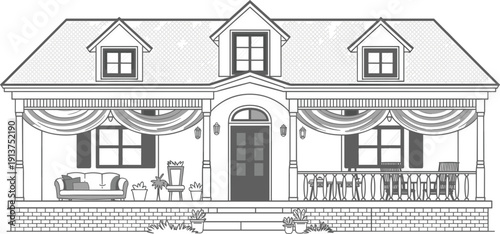 Detailed line art vector illustration of a traditional suburban house, with porch furniture and decorative plant