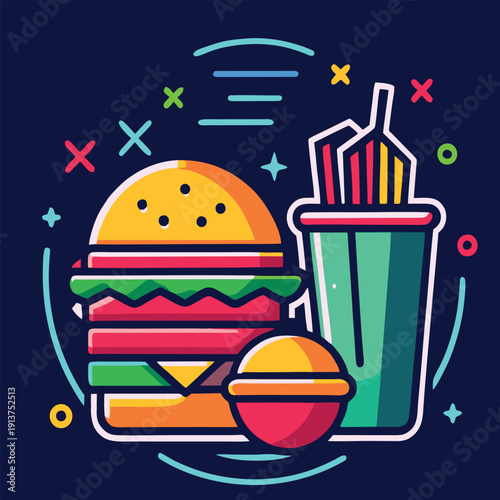 logo design vector icon illustration neon style food combo featuring burger