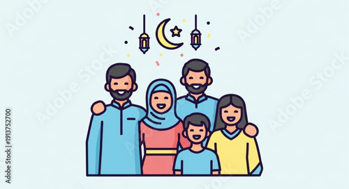 Happy Muslim Family Celebrating Together Under Crescent Moon.
