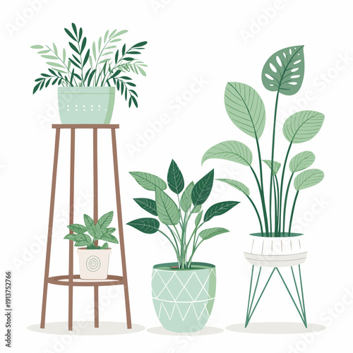 Illustration of potted plants on wooden and metal stands in a serene indoor setting viewed from the front.