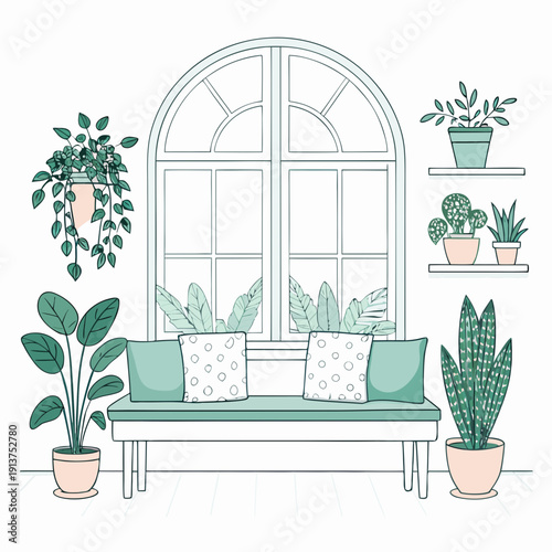 Serene indoor scene with sofa, plants, and large arched window illustration 98745131545