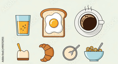 Healthy Breakfast Food Items Collection Flat Design.
