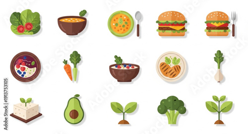Healthy Food Icons Collection Fresh Ingredients and Meals.