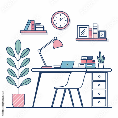 Modern workspace with laptop, books, and plants on desk, viewed from the front in a minimalist environment