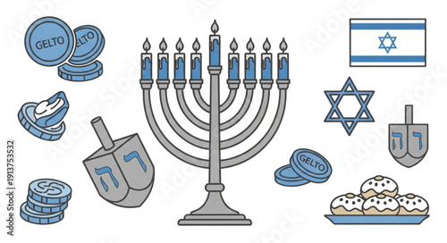 Hanukkah symbols including menorah dreidel coins and sufganiyot.