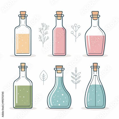 Collection of assorted glass bottles with cork stoppers and colored liquids displayed on a plain surface from a straightforward view