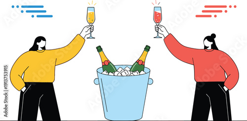 Modern flat line illustration of two women making a festive toast with champagne glasses next to an ice bucket with wine bottles.