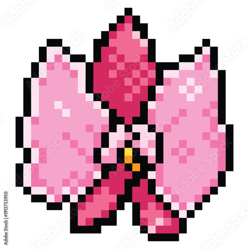 Pink orchid flower petal pixel art colorful illustration isolated on square white background.