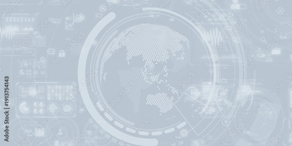 Fototapeta premium グローバル、テクノロジー、ネットワーク、データ、システム、AI、未来、サイバー、グレー、CG、背景、バックグラウンド、素材、ビジネス、ハイテク、バナー、デザイン、画面、SF、アブストラクト、イメージ、コンセプト、かっこいい、クール、イラスト、サイバースペース、テック、技術、科学、サイエンス、開発、エレクトロニクス、DX、デジタル、トランスフォーメーション、IT、プラットフォーム、インターフェース、