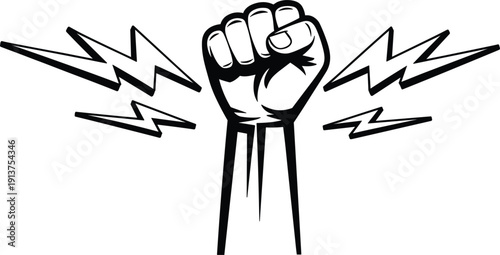 Raised clenched fist with lightning bolt, power protest strength revolution energy strike freedom courage vector icon