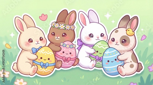 Four cute cartoon bunnies sitting with colorful decorated Easter eggs. Adorable illustration for spring, card, kid, holiday decoration.
