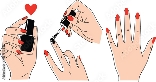 Professional manicure and nail care illustration set featuring hands applying red polish with a bottle and heart icon for beauty service.