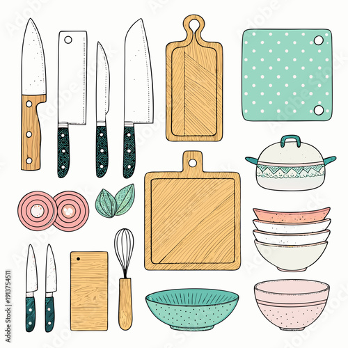 Kitchen utensils and cooking accessories displayed on a flat surface from a top-down viewpoint with various cutlery and gadgets