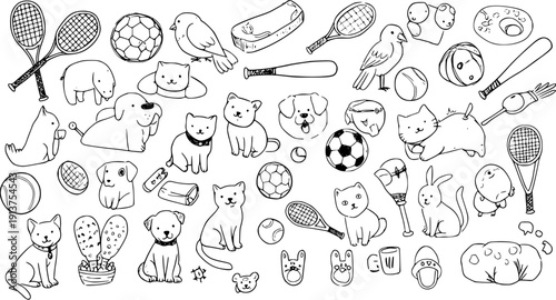 Cute hand-drawn doodle collection featuring pets like cats, dogs, birds, and a rabbit, along with sports equipment such as tennis rackets, balls, and a baseball bat.