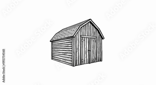 Black and white drawing of a wooden barn-style shed with double doors