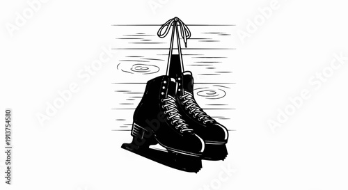 Black and white drawing of ice skates hanging from a wooden surface