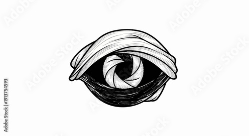 Black and white drawing of an eye with a camera aperture iris