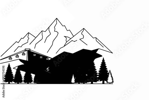 Black and white drawing of mountains, ski lift, trees, and a skier
