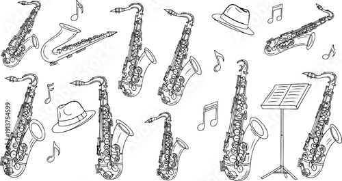Black and white drawing of saxophones, hats and musical notes
