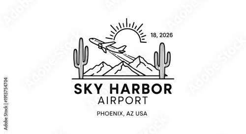 Black and white graphic of a plane flying over mountains with cactuses
