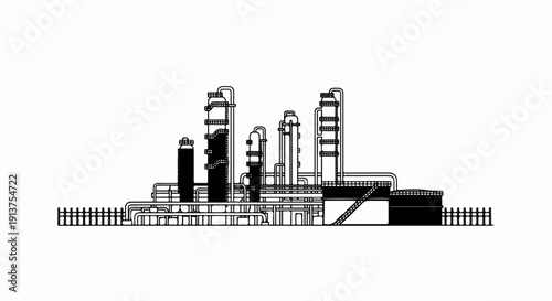 Black and white graphic of an industrial refinery complex with tanks and pipes