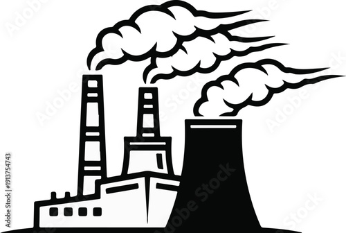 Black and white graphic of industrial smokestacks emitting plumes of smoke