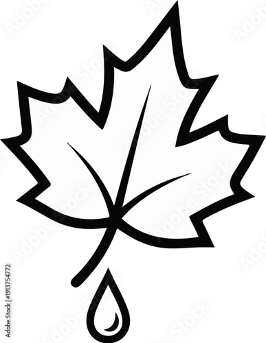 Black and white icon of a maple leaf with a single drop of liquid falling
