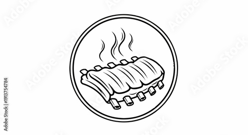 Black and white icon of a rack of steaming ribs inside a circle