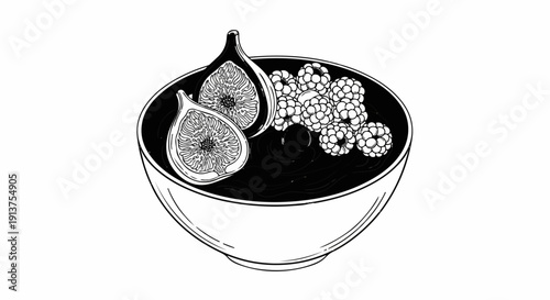 Black and white illustration of a bowl of dark, rich food with figs and berries