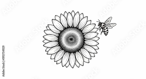 Black and white illustration of a sunflower with a bee in flight beside it