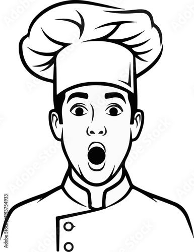 Black and white illustration of a surprised chef with a tall hat and open mouth