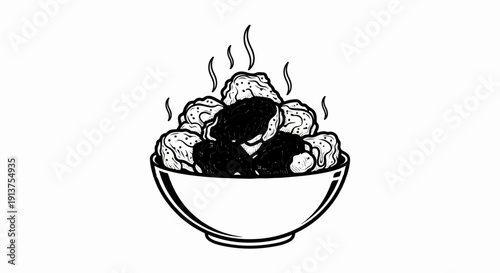 Black and white illustration of a bowl of steaming hot meatballs in sauce