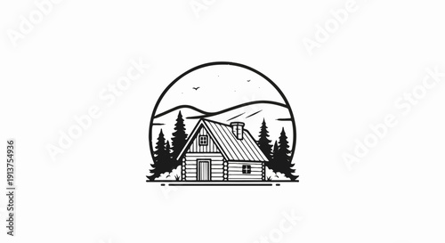 Black and white illustration of a log cabin with trees and mountains