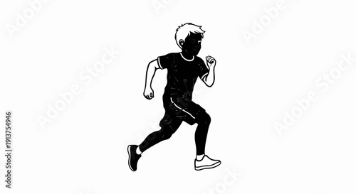 Black and white illustration of a boy running with determination