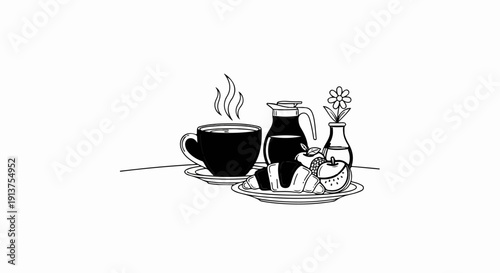Black and white illustration of a breakfast with coffee, croissants, fruit, and flower