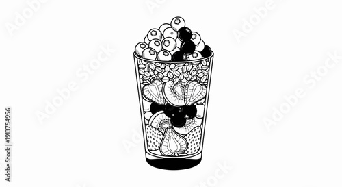 Black and white illustration of a tall glass filled with layered fruit and cereal